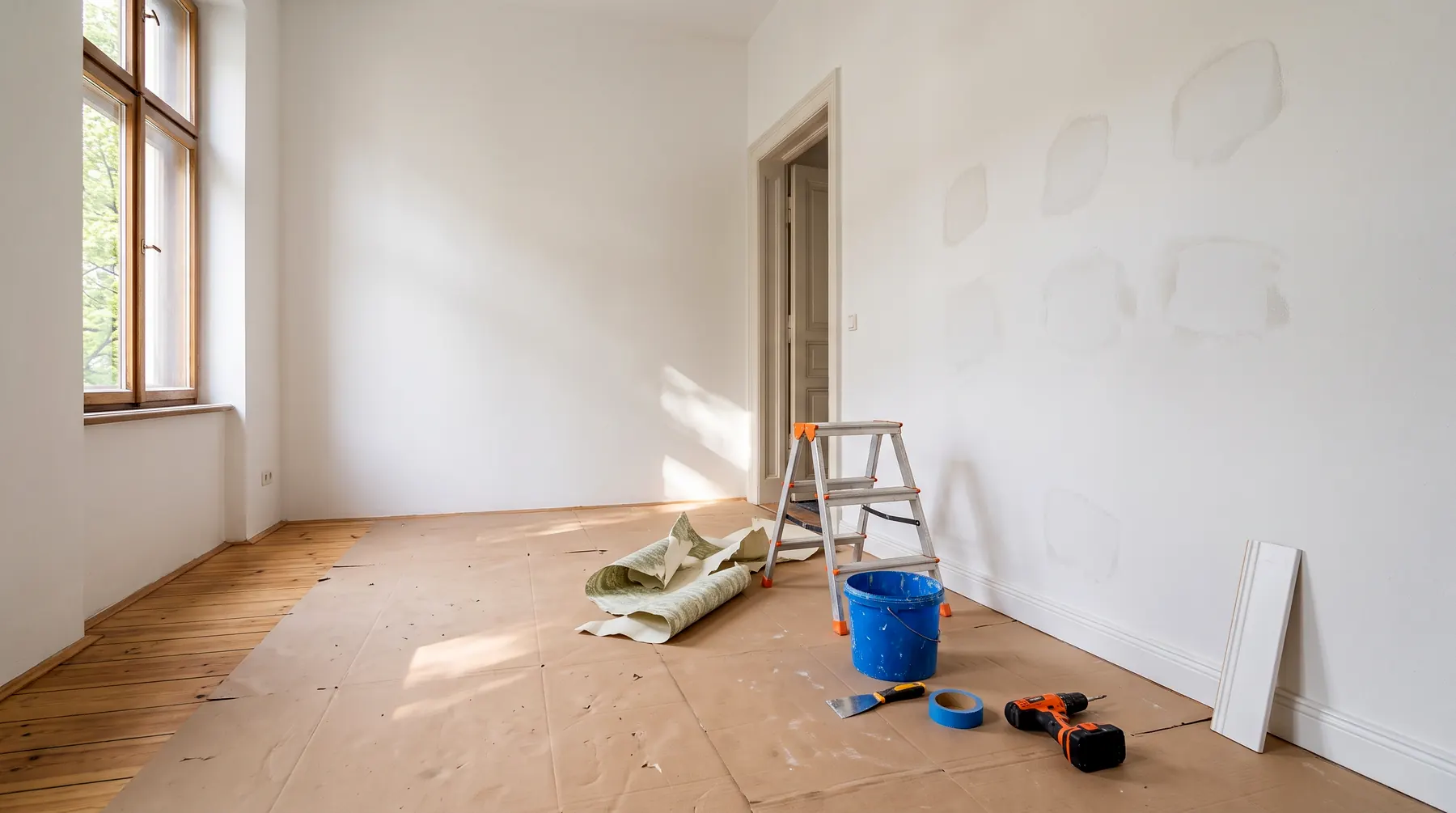 Symbolbild: Altbauzimmer vor dem Mieterwechsel mit gespachtelten Stellen an der Wand, davor Stehleiter, Eimer, Werkzeug und eine neue Sockelleiste auf abgedecktem Boden