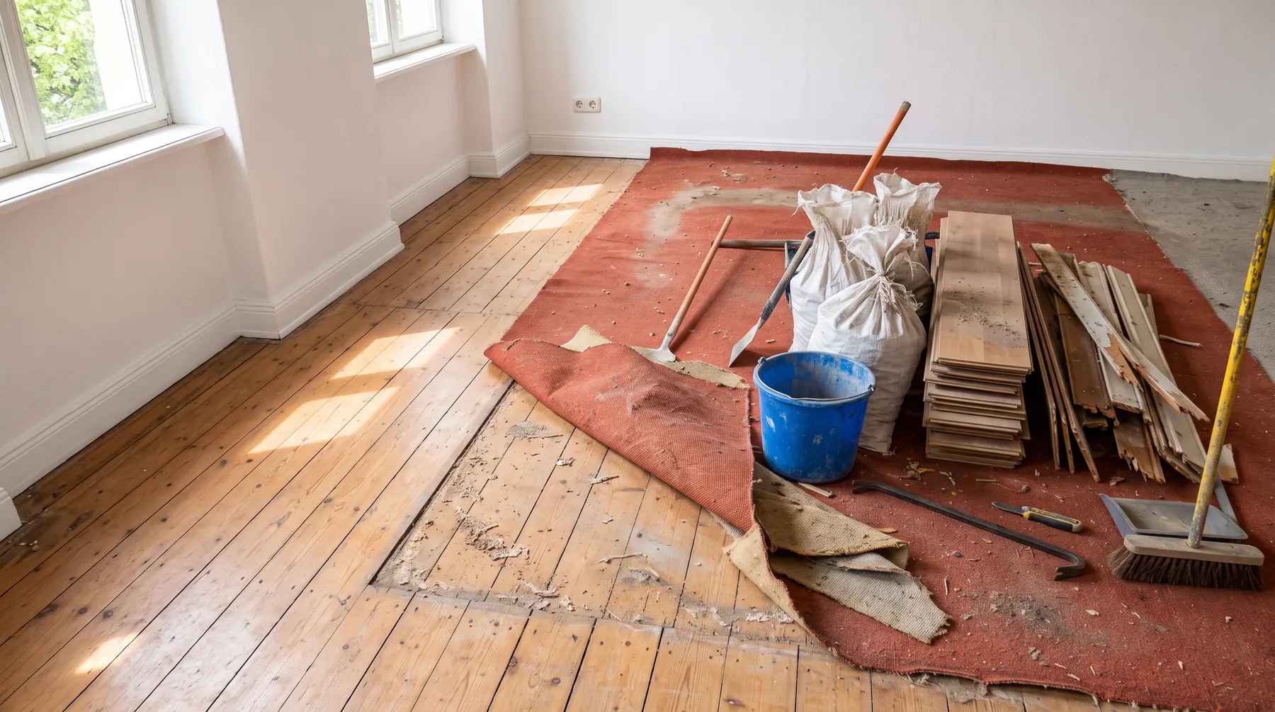 Symbolbild: Alter Teppich wird von den Holzdielen eines Altbauzimmers entfernt, daneben Schuttsäcke, alte Laminatdielen, Eimer und Besen