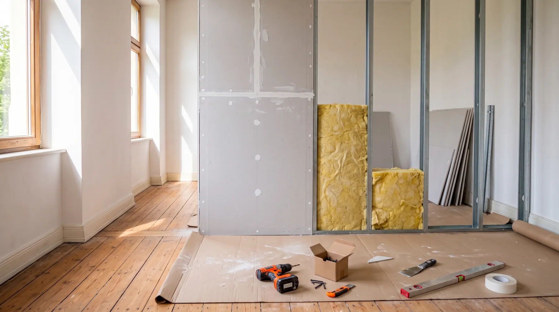 Symbolbild: Neue Trockenbauwand aus Metallständern, zum Teil mit Gipskarton beplankt, gelbe Mineralwolle in den offenen Feldern, davor Werkzeug auf abgedecktem Dielenboden
