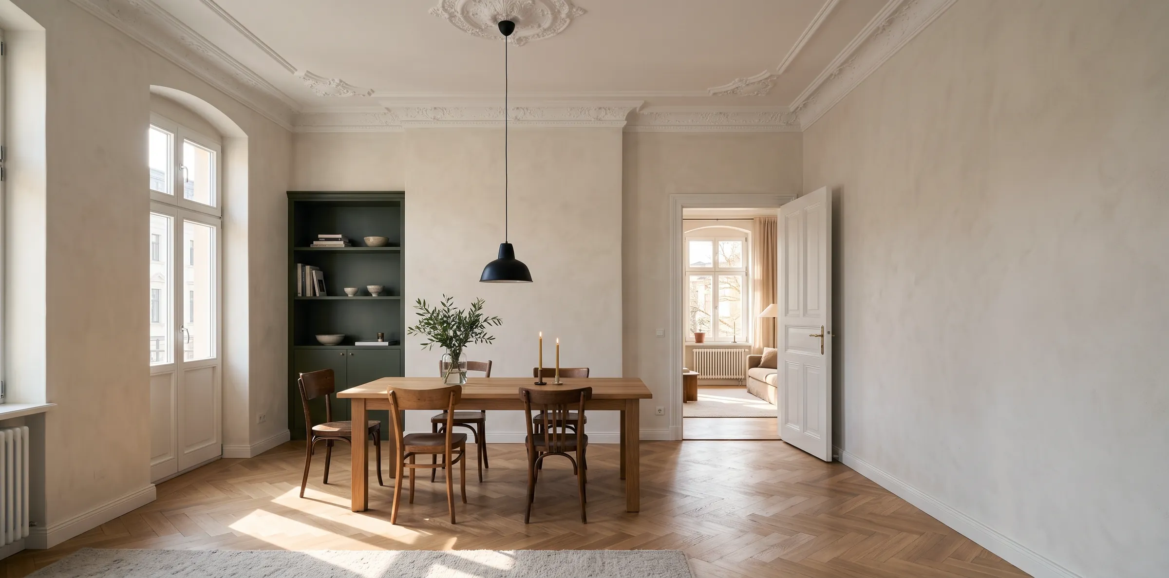 Heller Wohnraum in einem Leipziger Altbau mit Stuckdecke, Fischgrätparkett und Blick in den Nebenraum