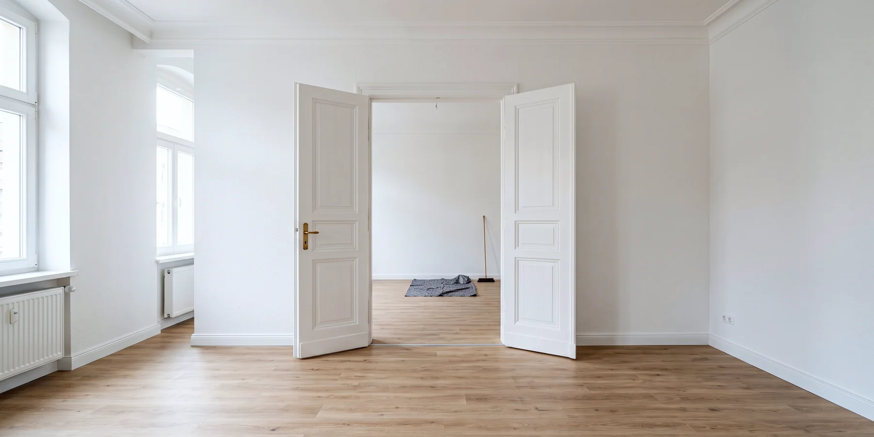 Symbolbild: Leere, frisch hergerichtete Altbauwohnung mit Blick durch eine offene Flügeltür in den nächsten Raum, weiße Wände, neuer Boden in heller Holzoptik und weiße Sockelleisten