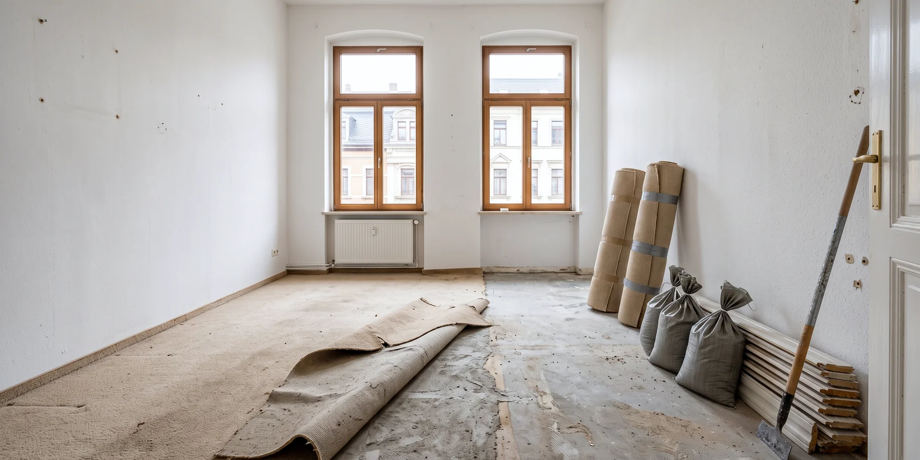 Symbolbild: Leeres Altbauzimmer beim Rückbau, der alte Teppich zur Hälfte aufgenommen, darunter grauer Estrich, gerollte Teppichbahnen, Schuttsäcke, gestapelte Sockelleisten und ein Bodenschaber an der Wand