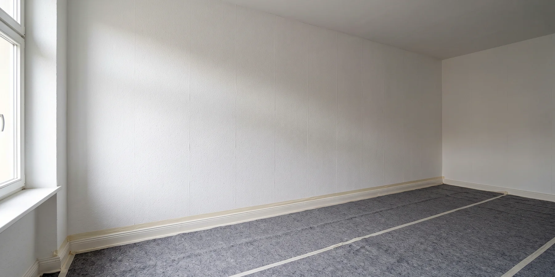 Symbolbild: Frisch mit Raufaser tapezierte Wand in einem hellen Altbauzimmer, Sockelleisten abgeklebt, Boden mit grauem Vlies abgedeckt